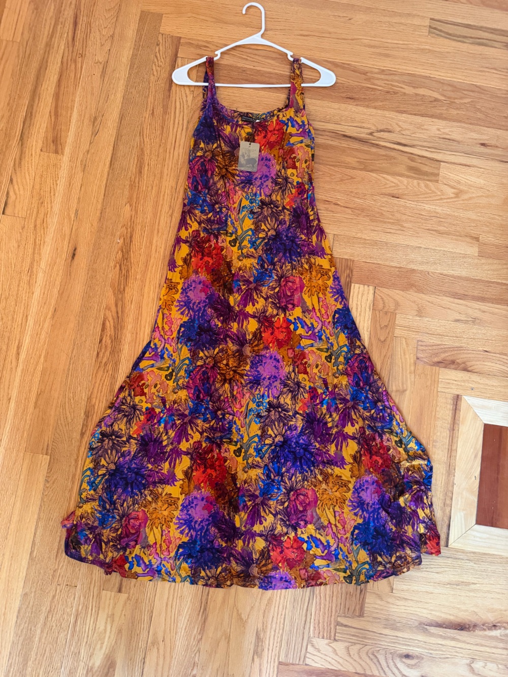 Peruvian Connection Floral Maxi Dress in Mustard with Purple & Red Accents